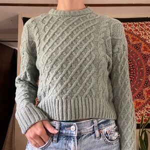 Pink Rose Green Crew Neck Cable Knit Sweater
